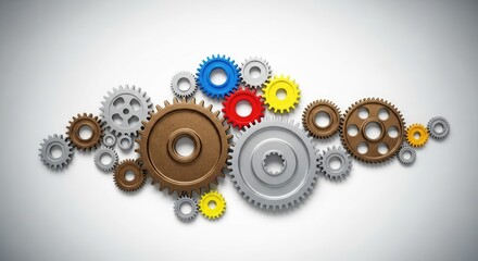 A collection of colorful gears and cogs on a white background.