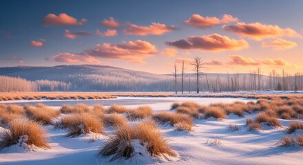 Stunning winter landscape at sunrise or sunset with snowcovered ground, frozen marsh, and golden clouds illuminating the horizon over distant, frosted hills and sparse, bare trees