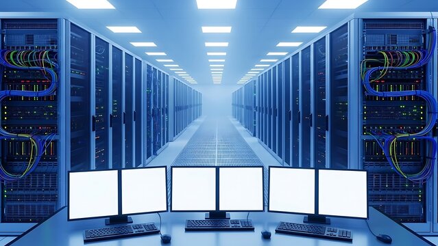 Data center with multiple monitors showing server room.