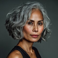 Professional headshot of mature East Asian woman with elegant gray hair, natural aging beauty, studio softbox lighting commercial photography