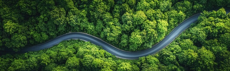 Aerial view of a winding asphalt road through a dense green forest, serene and inviting sense of quiet adventure