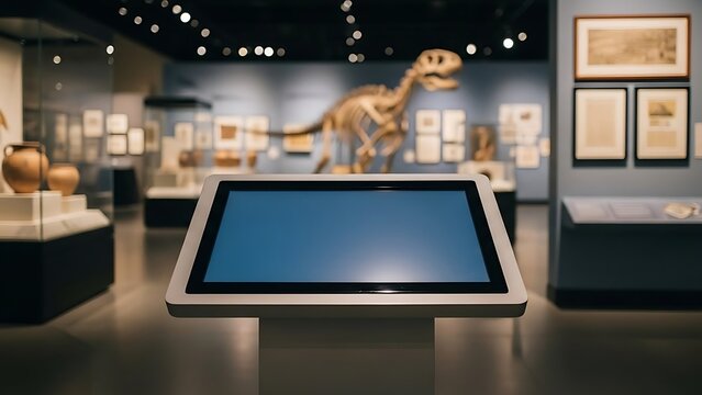 Interactive display in museum with dinosaur skeleton exhibit.