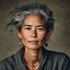 Professional headshot of mature East Asian woman with elegant gray hair, natural aging beauty, studio softbox lighting commercial photography