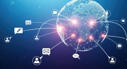 A globe with interconnected lines and icons representing communication and technology.