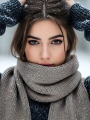 Winter Fashion Portrait &ndash; Hair in Hand Playful Close-Up