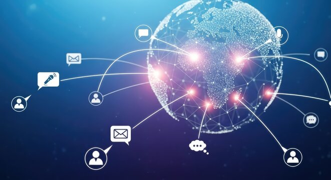 A globe with interconnected lines and icons representing communication and technology. - Powered by Adobe