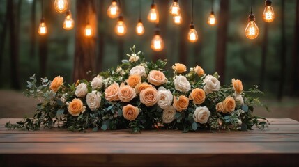 Peach and white rose centerpiece with lush greenery on a wooden table beneath glowing hanging filament bulbs in a misty forest, warm romantic cozy ambiance
