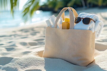 canvas beach tote with sunscreen bottles, pump bottle, rolled white towel and sunglasses on sunlit sandy shore conveying relaxed tropical vacation mood