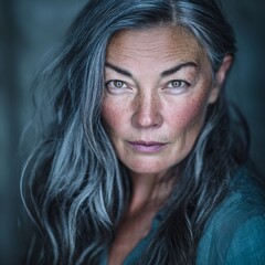 Professional headshot of mature East Asian woman with elegant gray hair, natural aging beauty, studio softbox lighting commercial photography