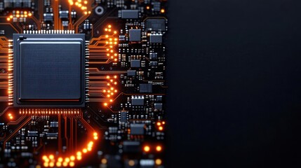 close-up of a microchip on a circuit board with glowing orange traces and electronic components against a dark background conveying a futuristic high-energy vibe