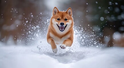 joyful shiba inu dog leaping through deep snow, smiling with ears perked and snow spraying around amid blurred forest background