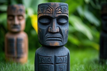 three carved wooden statues standing in green grass with blurred leafy background conveying a calm, contemplative mood