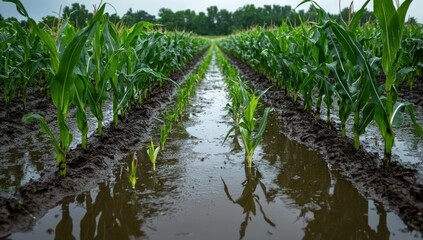young corn seedlings in waterlogged muddy rows with reflective puddles and distant tree line under an overcast sky conveying a somber resilient mood