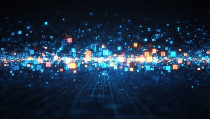 Glowing blue and orange pixel squares forming a horizontal data stream above a dark grid plane, futuristic and energetic digital landscape