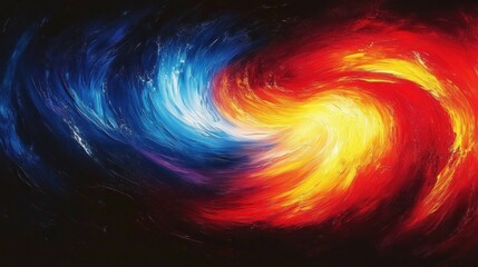 Swirling dual vortex of blue and red flames and icy light, bright yellow core, dramatic painterly brushstrokes conveying intense opposing energy and motion