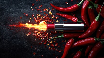 Fiery red lipstick emitting a flame surrounded by scattered chili flakes and fresh red chili peppers, bold sensual and spicy mood
