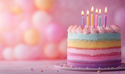 pastel rainbow layered cake with buttercream swirls, colorful sprinkles and seven lit candles on a plate against a soft pink bokeh background, joyful celebratory mood