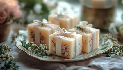 decorative square floral soaps tied with cream ribbons on a vintage porcelain plate surrounded by small white flowers and greenery, soft warm romantic mood