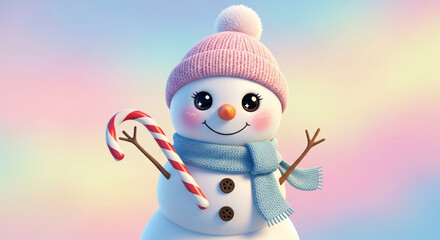 Adorable snowman with a pink hat and blue scarf holding a candy cane against a pastel background perfect for christmas cards and festive designs