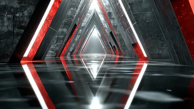 Futuristic corridor with reflective water surface and glowing red accents in dark environment