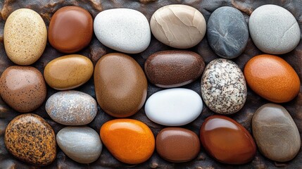 Neatly arranged smooth polished multicolored pebbles in rows on a dark textured surface, evoking calm, balance and tactile serenity