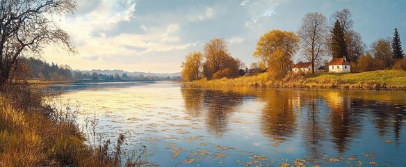 tranquil autumn river with golden trees, reeds and two small cottages reflected in calm water under a soft cloudy sky