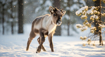 Young reindeer calf walking through deep snow in a winter wonderland forest on a bright sunny day with snow falling creating a magical christmas scene