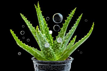 Aloe Vera Plant with Water Droplets on Black Background