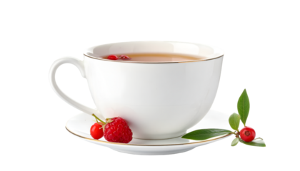 Cup of hot tea with berries isolated on transparent png