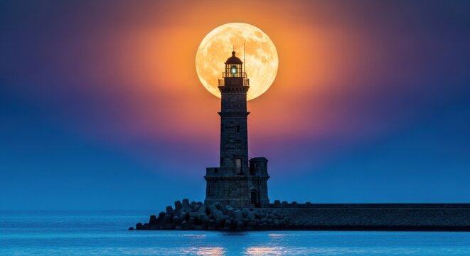 Dramatic silhouette of a historic stone lighthouse standing on a breakwater against a massive, glowing orange full moon rising over a deep blue twilight sea - Powered by Adobe