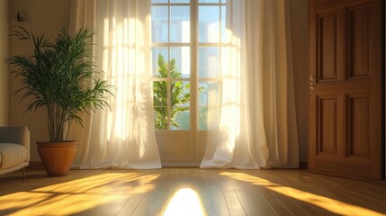 Sunlit living room with sheer curtains, glass doors, potted plant, hardwood floor, partial sofa and wooden door, tranquil warm morning light