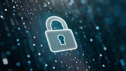 Digital padlock icon surrounded by glowing data particles representing cybersecurity and protection - Powered by Adobe