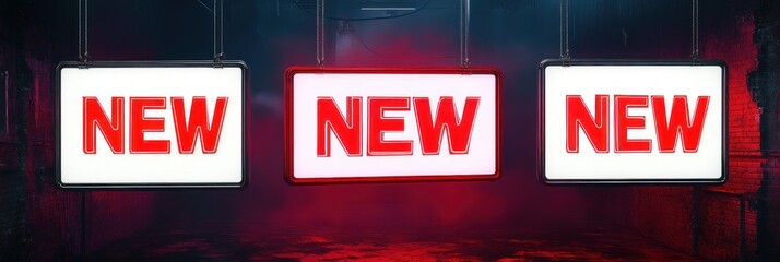 Three illuminated hanging rectangular signs reading NEW in bold red letters over a dark industrial brick corridor with red fog and chains, dramatic moody urgent promotional atmosphere