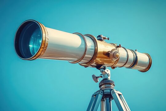 vintage brass refractor telescope mounted on metal tripod against a clear blue sky, evoking curiosity and wonder