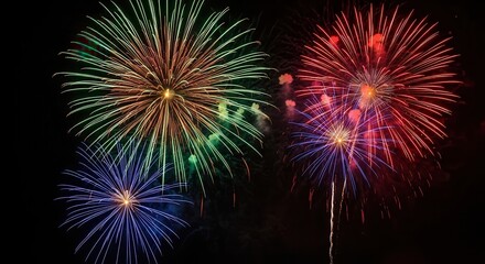 Vibrant display of colorful fireworks exploding in the night sky, creating spectacular bursts of light in green, red, and blue hues for a festive celebration
