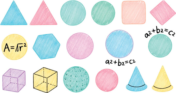 Engaging math class shapes and formulas for kids learning geometry, playful pastel colors for educational projects, perfect for children's books and classroom posters
