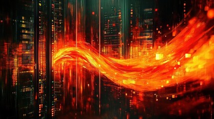 Glowing fiery orange data wave flowing through dark vertical towers and shimmering lights, sparks and particles conveying intense futuristic energy and motion