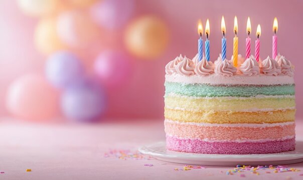 Pastel rainbow layered birthday cake with pink buttercream swirls, lit candles and sprinkles on a plate with blurred balloons in the background, joyful celebratory scene - Powered by Adobe