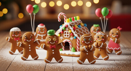 Festive gingerbread family and house on a snowy wooden surface with warm bokeh lights creating a cozy holiday scene perfect for christmas cards