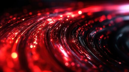 Curving glossy red light streaks and glittering particles on a dark background, swirling radiant trails conveying intense, futuristic motion and mesmerizing energy