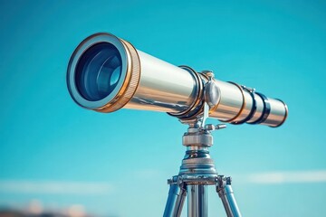 shiny brass telescope mounted on a polished metal tripod against a clear blue sky, evoking curiosity and a spirit of exploration