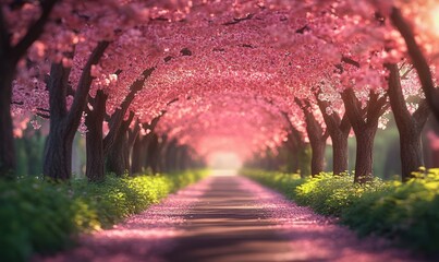 Sunlit pathway under a tunnel of pink flowering trees with fallen petals and green undergrowth, a peaceful dreamy springtime scene