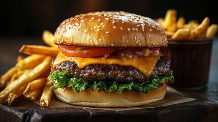 Juicy cheeseburger with sesame seed bun, melted cheddar, grilled beef patty, fresh lettuce and tomato, served with golden crispy fries on a rustic wooden board, mouthwatering