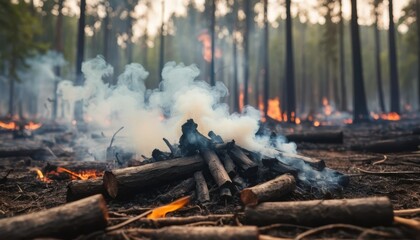 Thick white smoke rises from smoldering logs on burnt forest ground with small distant fires