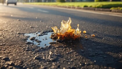 A vivid amber splash of liquid caught in a puddle on an asphalt road surface during golden hour