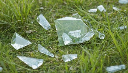 Sharp fragments of broken clear glass lie scattered across vibrant green grass outdoors
