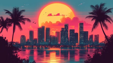 Tropical coastal city skyline at neon sunset with giant glowing sun, silhouetted palm trees, calm reflective water and birds, dreamy nostalgic evening