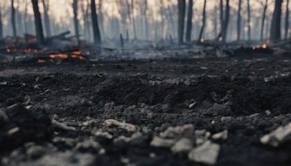 Burnt forest floor with smoldering embers and smoke after a destructive wildfire