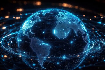 Glowing digital earth with interconnected blue nodes and streaming data lines, evoking futuristic global connectivity and dynamic network communication