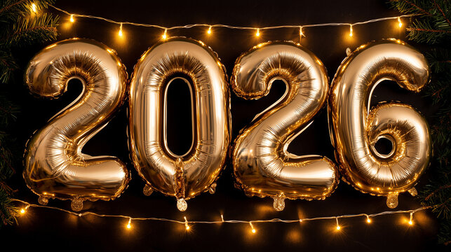 Bright golden balloons display the year 2026 celebrating New Year festivities